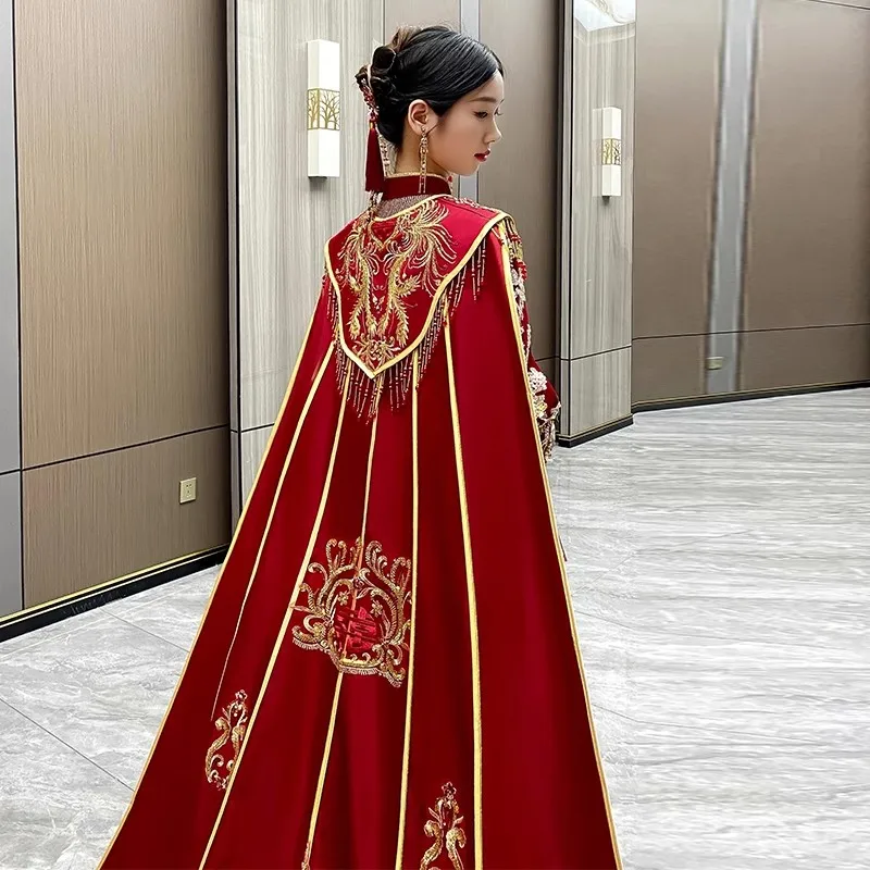 Mingli Tengda Red Cloak Bride Wedding Chinese Style Shawl Long Tail Phoenix Crown Xiapei Large Cloak Long Cloak Embroidery Coat