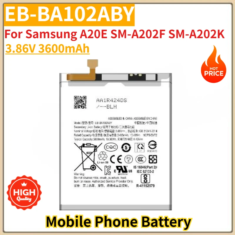 

High Quality EB-BA102ABY Mobile Phone Battery 3.86V 3600mAh For Samsung A20E SM-A202F SM-A202K Brand New Replacement Battery