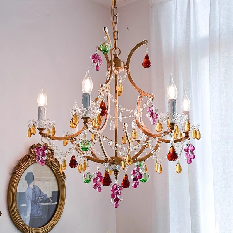 

French Crystal Decor Hanging Pendant Light Vintage Colorful Bedroom Ceiling Lamp Luxury Design Living Room Dining Room E14 Bulb