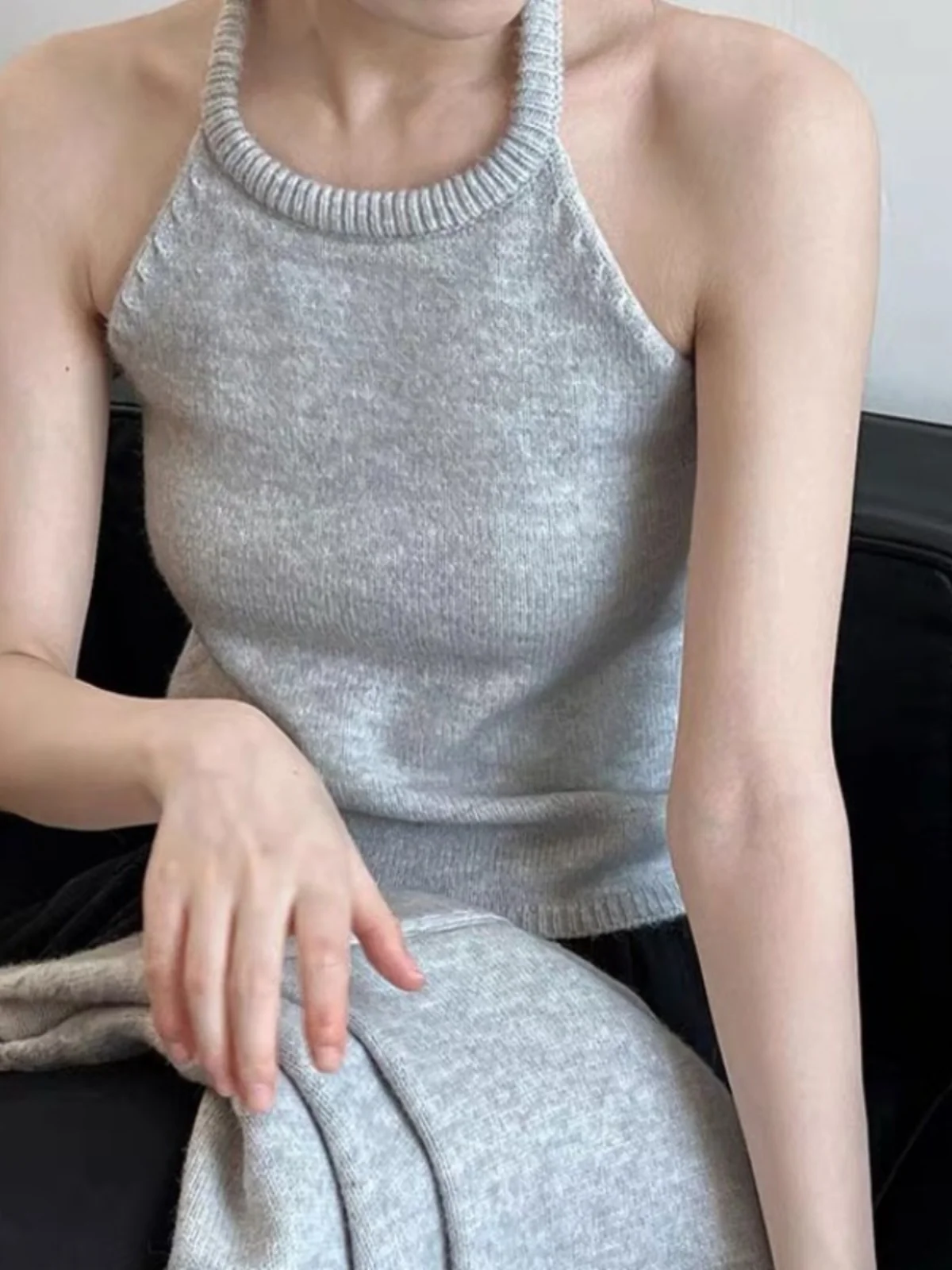 한국 스타일 브이넥 숏 니트 스웨터 여성용 레이지 패션 넥 행잉 탑 봄 투피스 세트 따뜻함 발산 긴팔