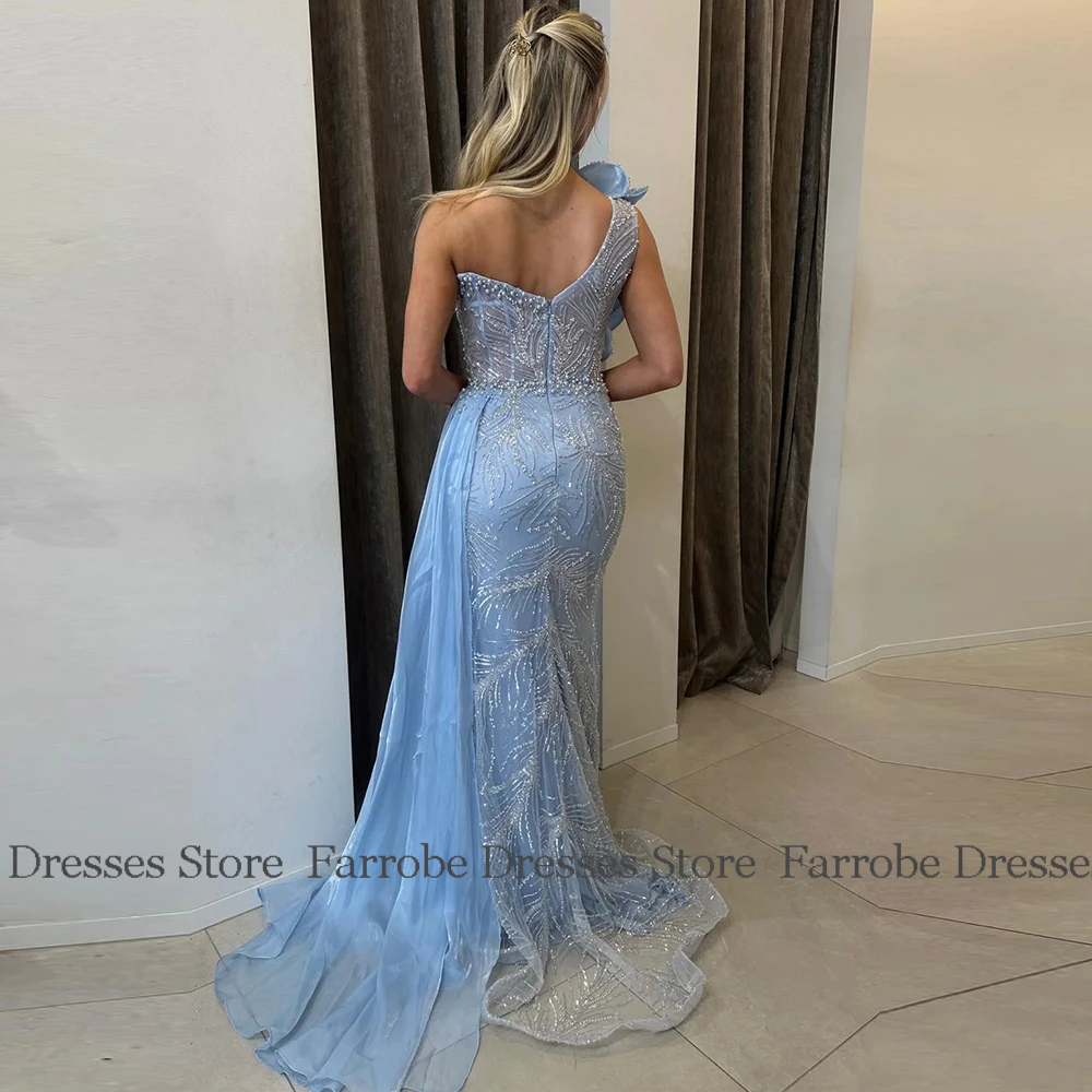 Modern Heavy Work Evening Dresses Satin Mermaid/Trumpet Prom Dress Blue One-shoulder Pearls Pattern Draped Party Dress Long 2025