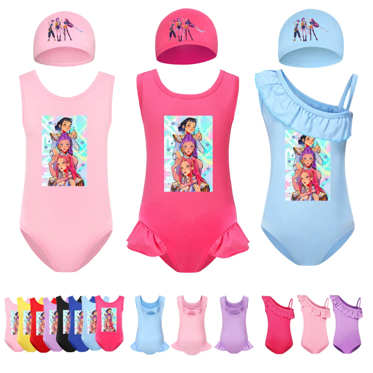 

KPop Demon Hunters Kids Toddler Girls Swimwear 2pcs Set One Piece BeachWear Swimming Suit with Cap Child Cartoon Swimsuit