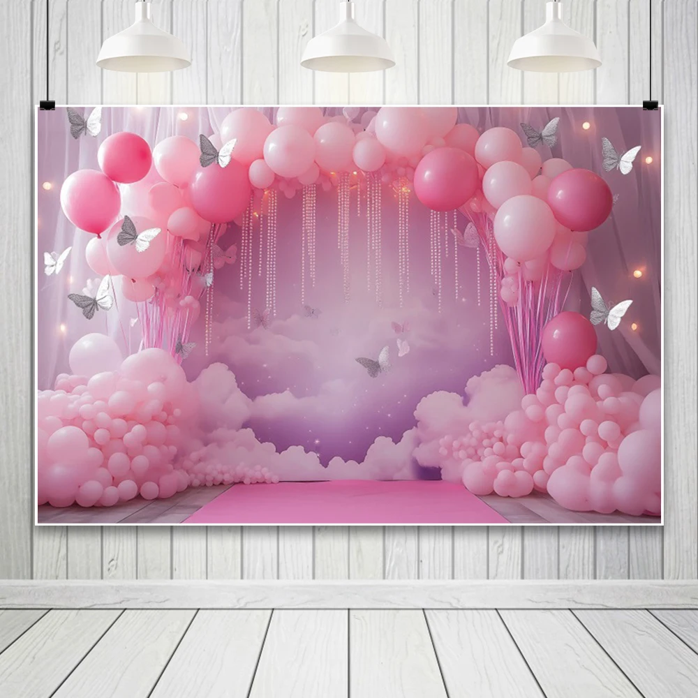 Pink Photography Background Balloon Arch Butterfly Cloud Backdrop Cloth Birthday Wedding Decoration Maternity Dresses Photoshoot