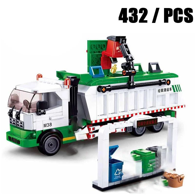 2023 City Traffic Toys Goods Transport Big Truck Sanitation Car Cement Crane Building Blocks Model Set MOC Kids DIY Classic Gift