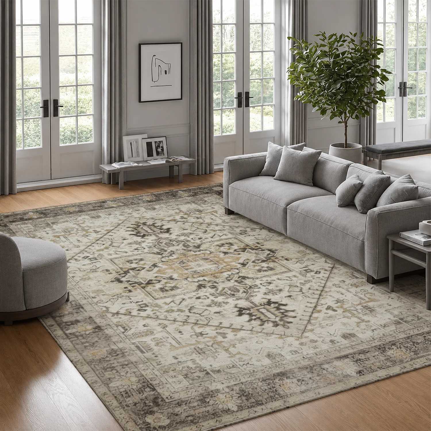 Large Indoor Area Rug, Soft Velvet Low Pile Rug with Non-slip Dotted Backing, Machine Washable Vintage Distressed Medallion Pattern in Neutral Beige, Ideal for Living Room, Bedroom, Entryway Home Floor Decor