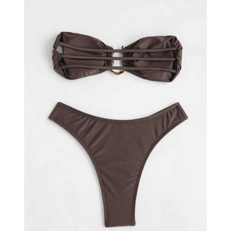 Women's 2 Pieces Bandeau Swimsuits Tie Front High Cut Bikini Bathing Suit
