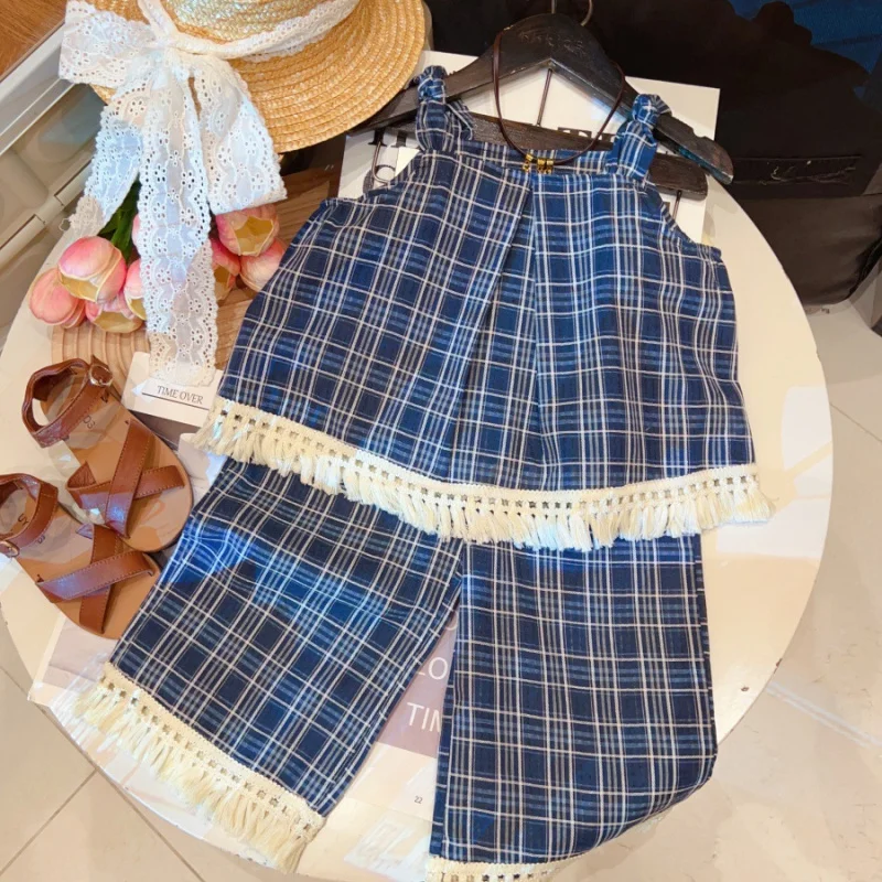 

2025Summer New Children's Plaid Lace Doll Shirt Sleeveless Camisole Top+Wide-leg Pants Two-piece Set