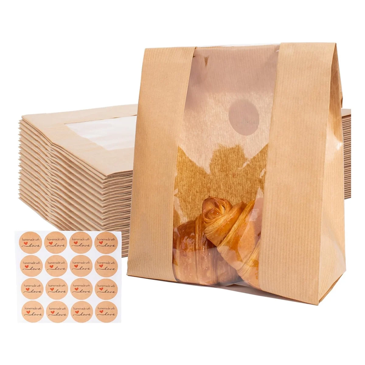 

100 Packs Paper Bread Storage Bags with Clear Window Bread Bags with Seal Stickers for Cookies, Candies and Treats