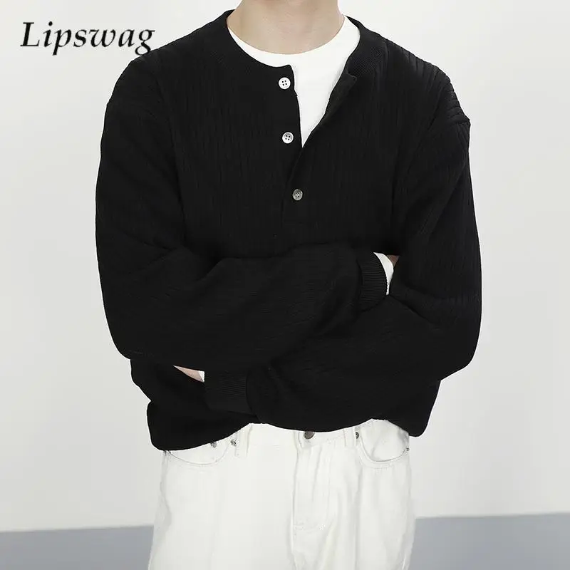 

Trendy Mens Long Sleeve Solid Color Sweater 2025 Autumn Casual Buttoned Crew Neck Knit Jumper Tops Men Vintage Knitting Sweaters