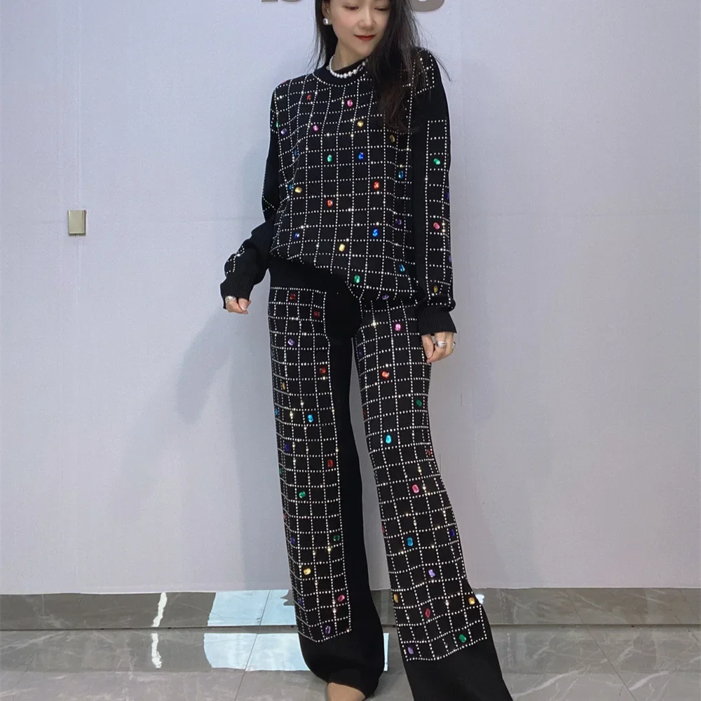 Retro Fashion Knitted Sweater Women Round Neck Long-sleeved Top Colored Square Diamond Black Straight Pants Two-piece Sets