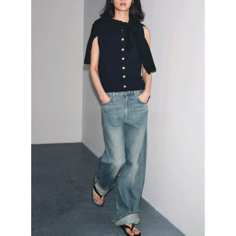 Neue Herbst frauen runde Ne Svel Weste Mit Knöpfen Rippen Gestrickte Casual Sle Polyester Faser Oberbekleidung