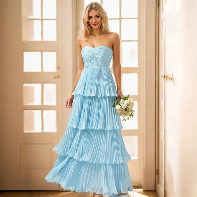A Line Chiffon Pleat Tiered Evening Bridesmaid Dresses Wedding Party Formal Prom Birthday Cocktail Floor Length Lace Up