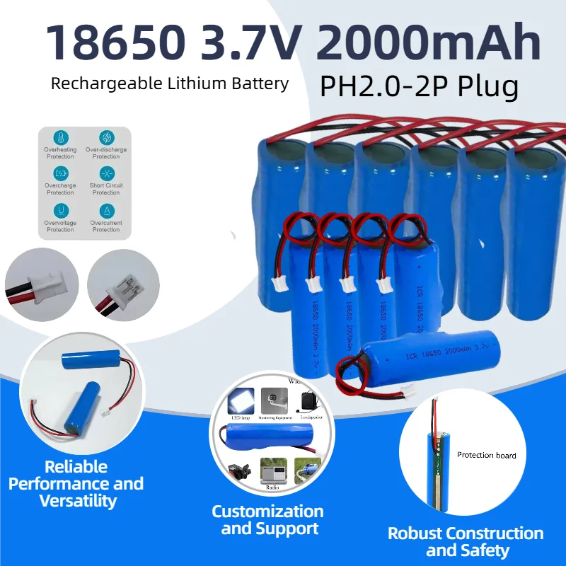 

3.7V 18650 Rechargeable Lithium Battery with PCB PH2.0-2P Connector for Fishing LED Lights Bluetooth Flashlights and Electronics