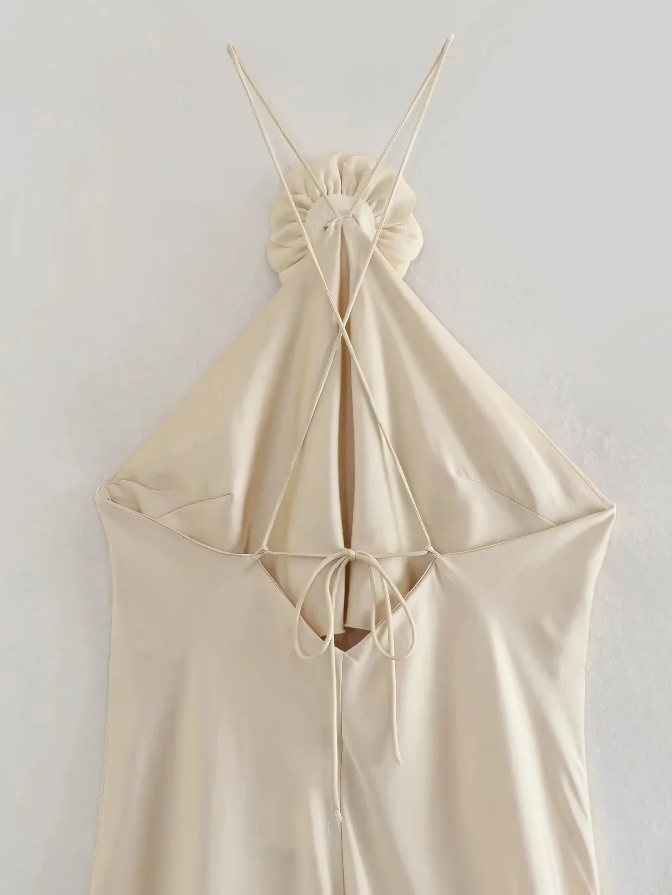 Applique feminino cetim halter vestido primavera verão feminino elegante moda vestido feminino sem costas vestido de noite