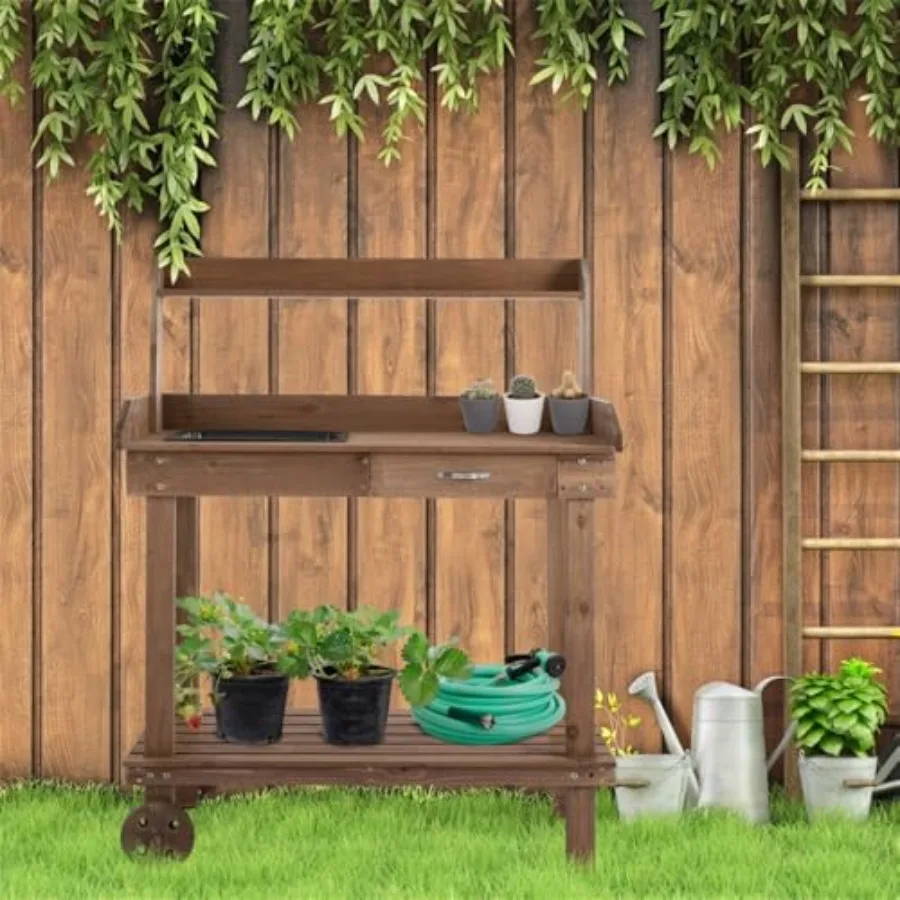 Outdoor Gardening Workbench For Potting, Powder-Coated Steel, Charcoal Gray, Foldable With Wheels And Shelf