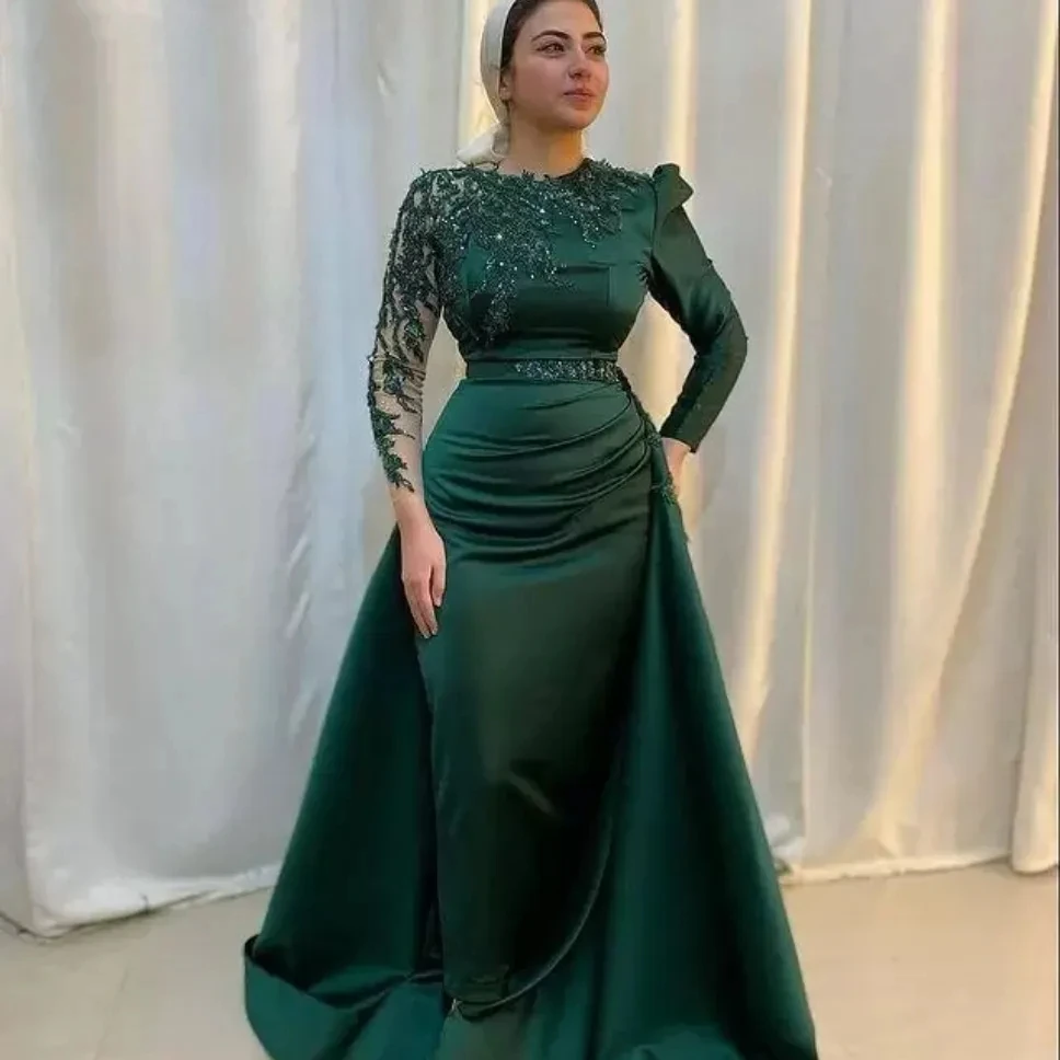 Maßgeschneiderte muslimische Abendkleider mit grüner Fleck und abnehmbarer Schleppe, langärmlig, Aso Ebi-Abschlussballkleider in Übergröße