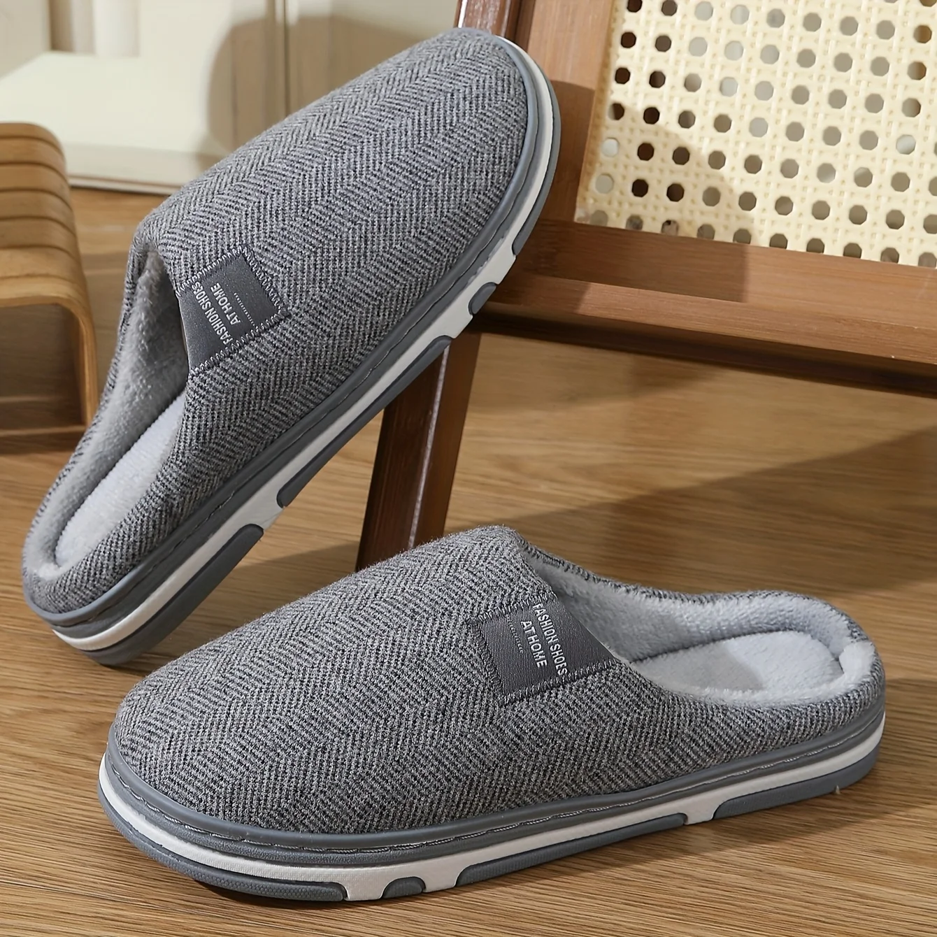 ZUOFU Unisex Fischgrätmuster Graue Große Größe Retro Flache Hausschuhe, TPR-Sohle Bequeme Modische Trendige Freizeitschuhe für Drinnen – Detail 4