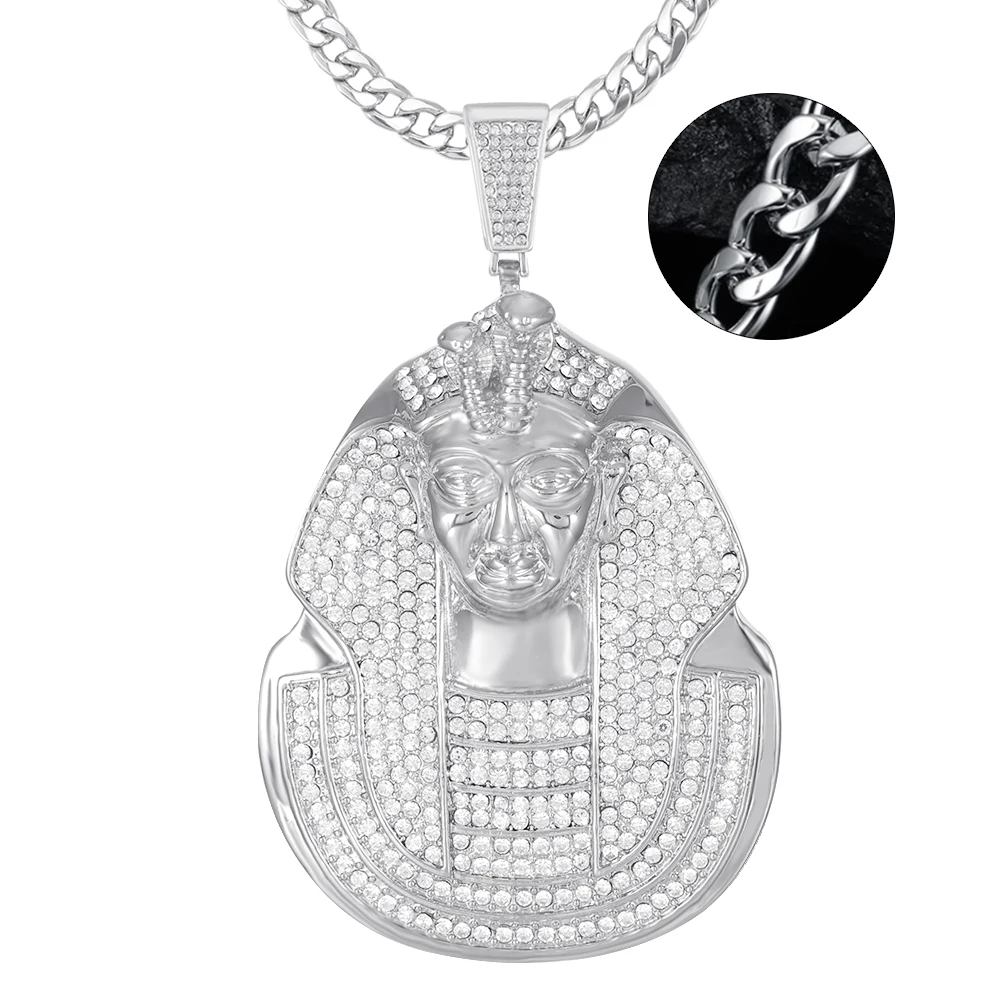 Hip Hop Popular Huge Pharaoh Head Pendant Necklace Men Iced Out Bling Crystal Charm Chain Pendants Jewelry Punk Cuba\'s Necklace