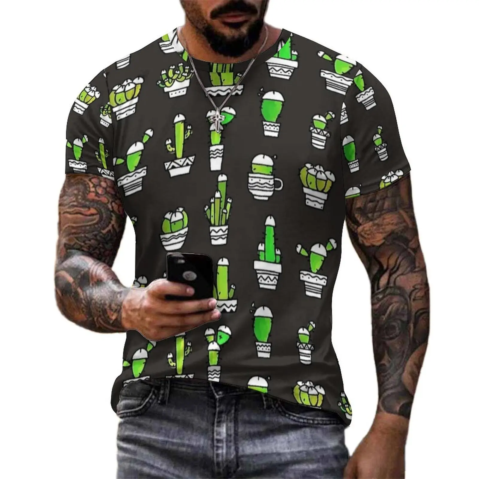 Black Sketch Potted Cactus Print T Shirt Men O Neck T-Shirts Summer Fashion Clothes Short Sleeve Streetwear Oversize Tee Shirt