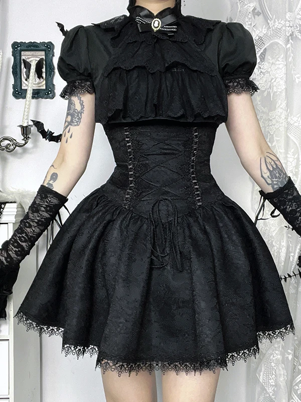 Amerikaanse subcultuur gothic zoete hete meisjessets zwart kant shirts met korte mouwen hoge taille vetersluiting slanke rokken tweedelige set dames