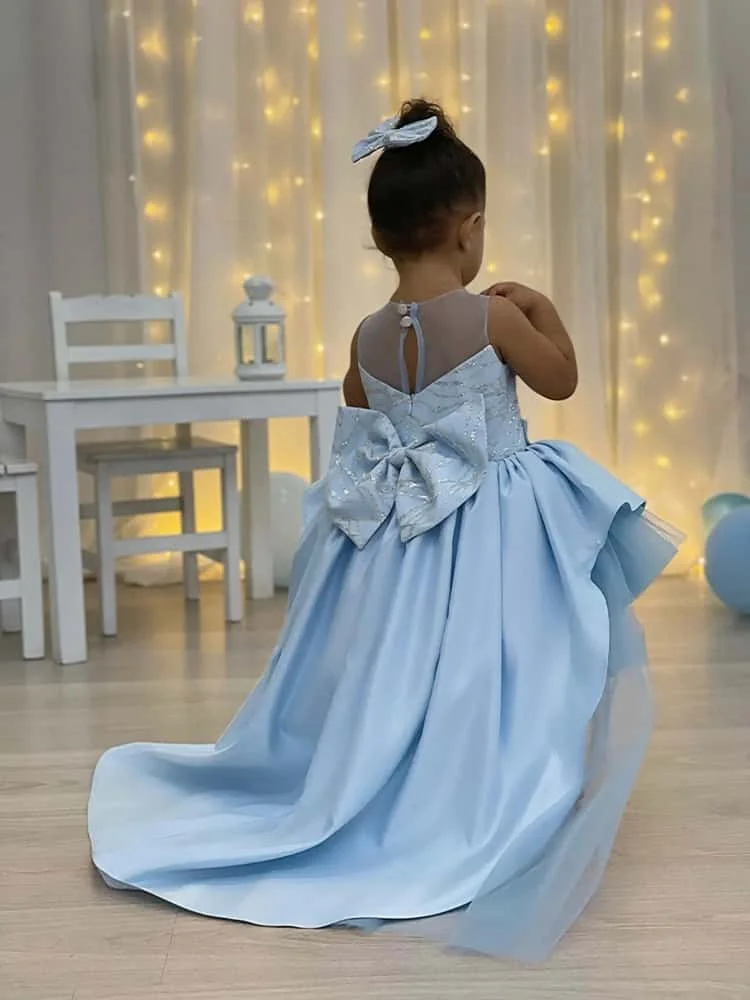 Customized Flower Girl Dress Light Blue Sleeveless Embroidery Sheer V‑Back Big Bow Train Ruffle Tulle Birthday Pageant Gown