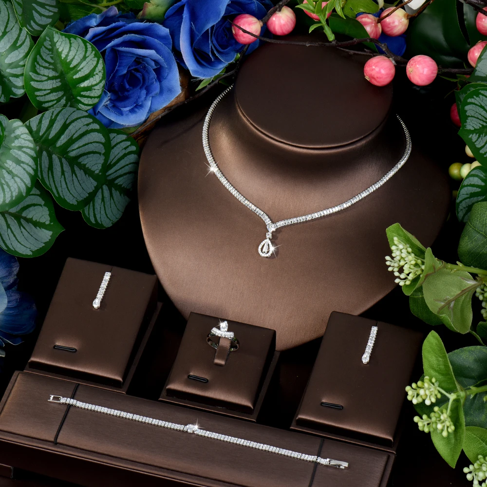 HIBRIDE 4 Pcs New Simple Everyday Necklace Earrings Bracelet Ring Ladies Personalised Jewellery Set Party Dating Prom Gift S-758