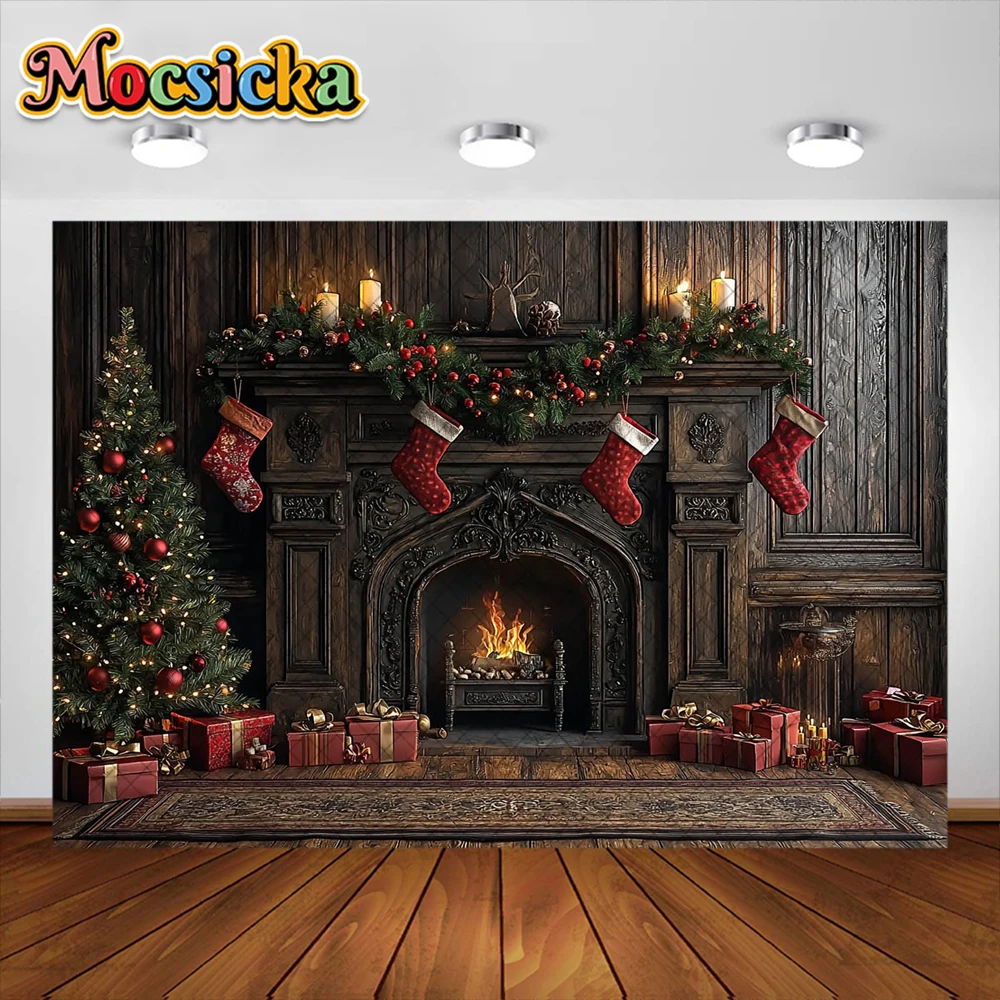 Fond de photographie de chambre de Noël, arbre de Noël, cheminée, décoration de guirxiété, adultes, enfants, portrait de vacances, décors photo, studio