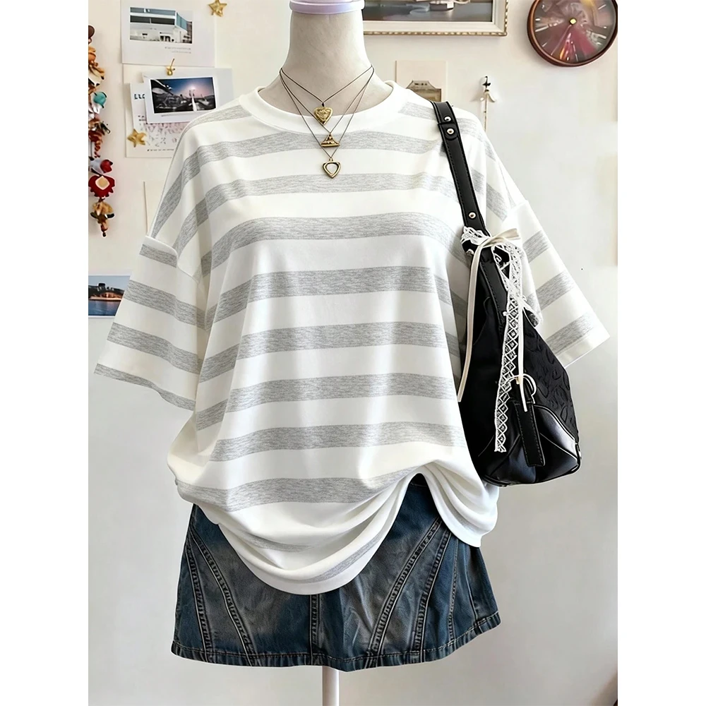 Neues Y2K Gestreiftes Digital-Print Casual Oversized Mittellanges Rundhals-T-Shirt mit Überschnittener Schulter für Kinder Street Fashion Lässiges Sport-Oberteil – Detail 4