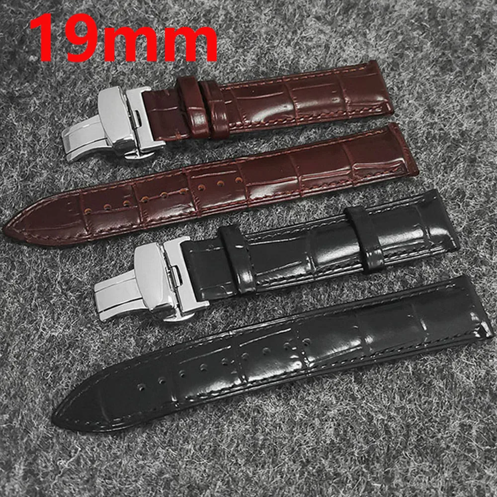 

19MM Leather Watch Strap + Butterfly Double Buckle Universal Interface Watchband Replacement Butterfly Clasp Leather Bracelet
