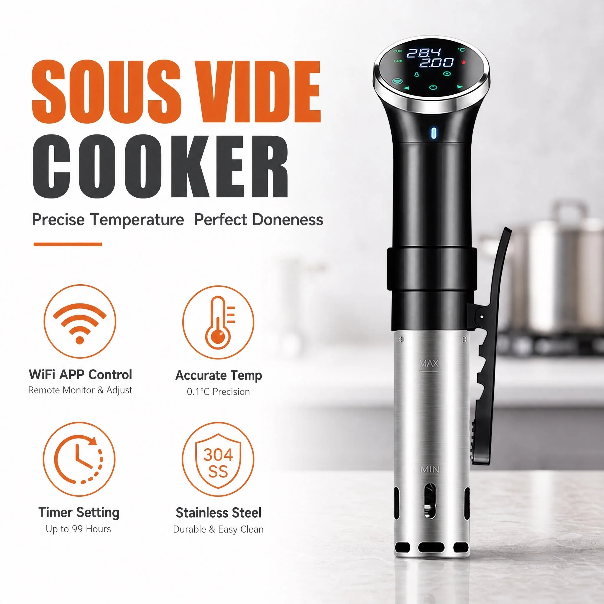 Sous Vide Cooker WiFi Digital Precision Cooker, 1100W Immersion Heater with Defrost Function for Steak & Sous Vide Machine Kit