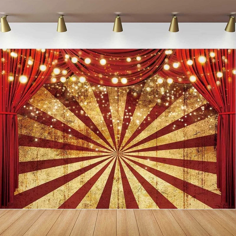 

Golden Glitter Red Curtain Photography Backdrop Circus Carnival Sparkle Stripes Background Birthday Party Cake Table Decoration