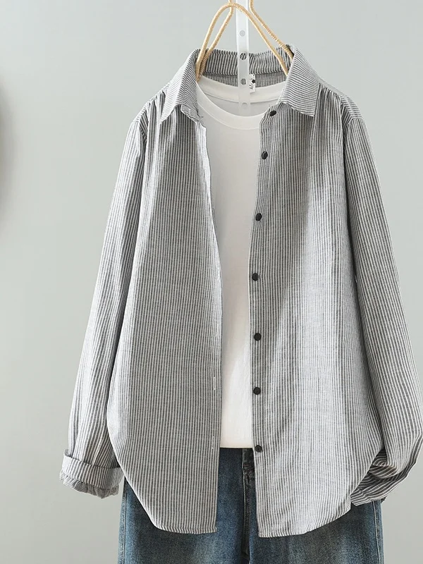 

Double Layer Stripe Pure Color irt Vintage Personali Women's Spring Summer Faionable Collar Long Sve Loose Fit