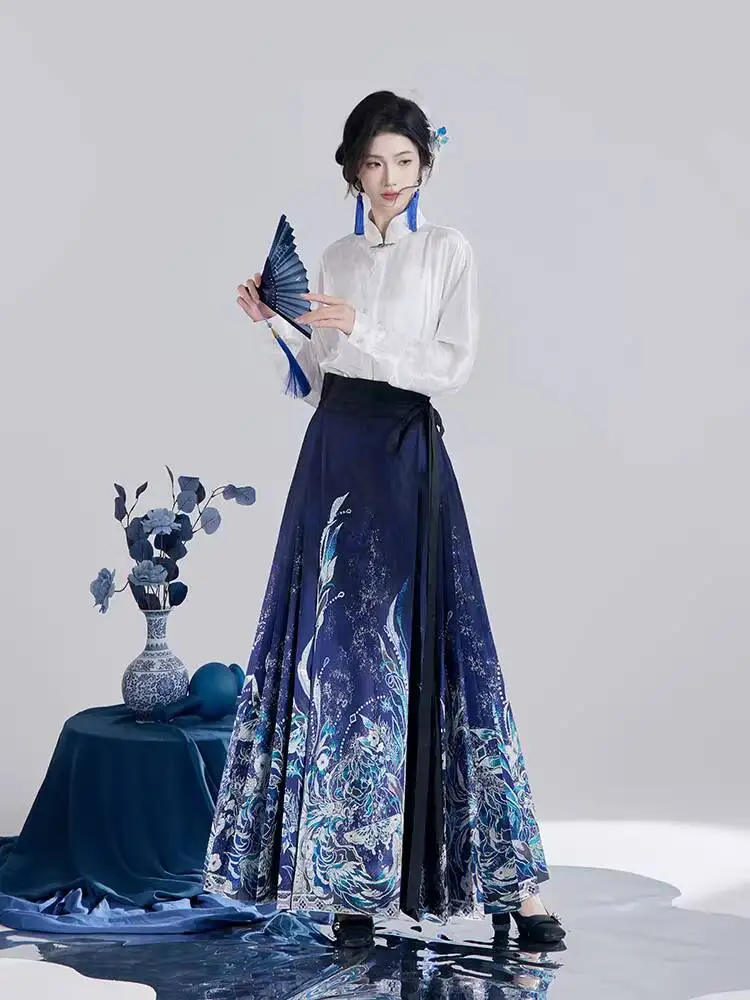 Ming-style Embossed Standing Collar Hanfu Horsehair Skirt Set Four Seasons Style Pleated Traditional Chinese Dress For Festival