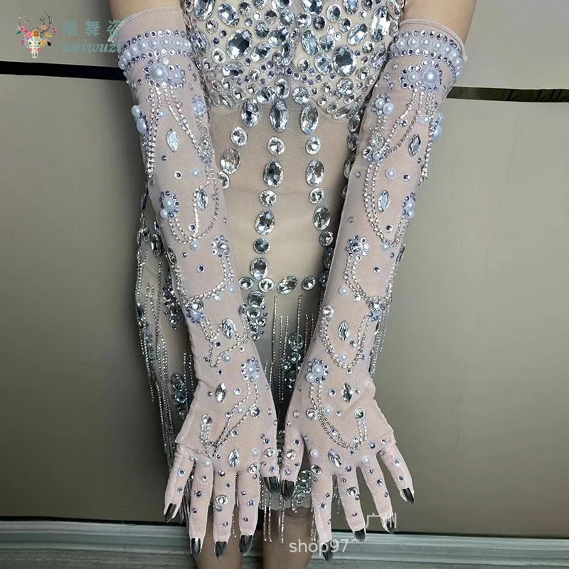 Sarung Tangan Pernikahan Pengantin Berlian Imitasi Seksi Mewah dengan Kuku Palsu Ornamen Penyanyi Aksesori Panggung Pesta Sarung Tangan Tabir Surya