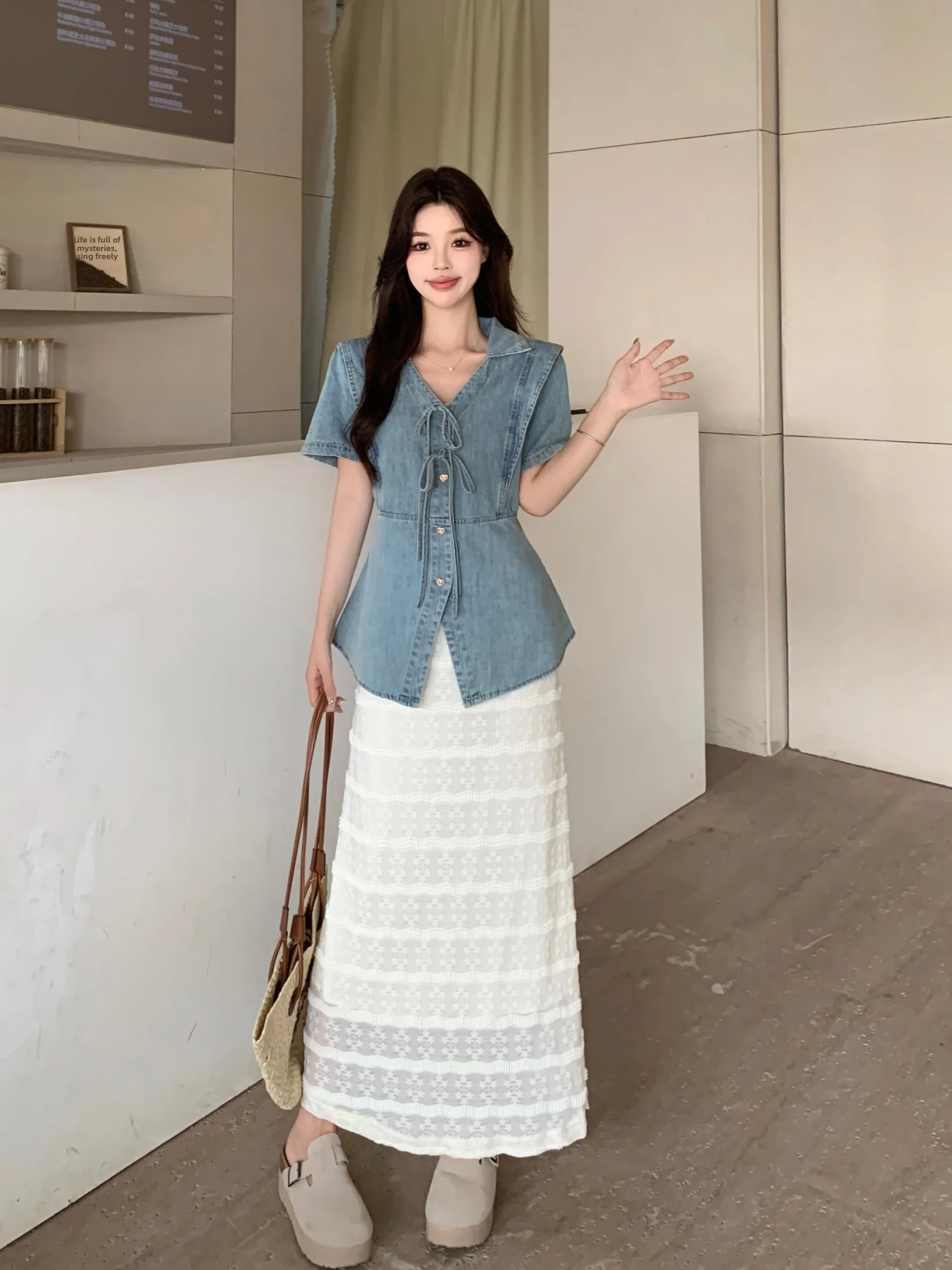 

plus Size Women's Vintage Tie Dye V-Ne ort Sve Denim irt Casual High Waist Skirt Summer New Sle Faion Set