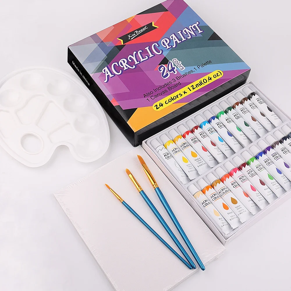 24 Colors Acrylic Paint Set，With 6 Art Brushes & 1 Paint Palette For Artists,Beginners And Kids Paint Sets On Canvas,Rocks,Wood