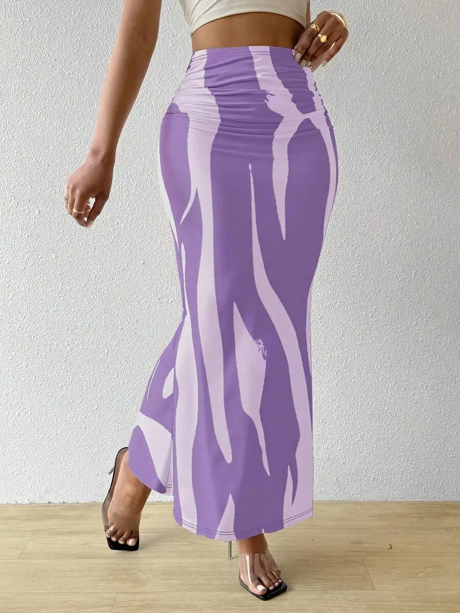 

Womens Printed Pleated Midi Skirt Casual High Waist Purple Abstract Pattern