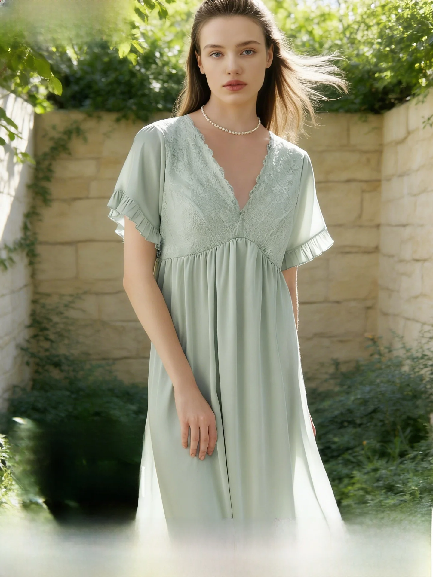 gainreel-sexy-sleepwear-abito-lungo-da-donna-in-pizzo-con-imbottitura-sul-petto-traspirante-liscio-e-setoso-a-maniche-corte-scollo-a-v