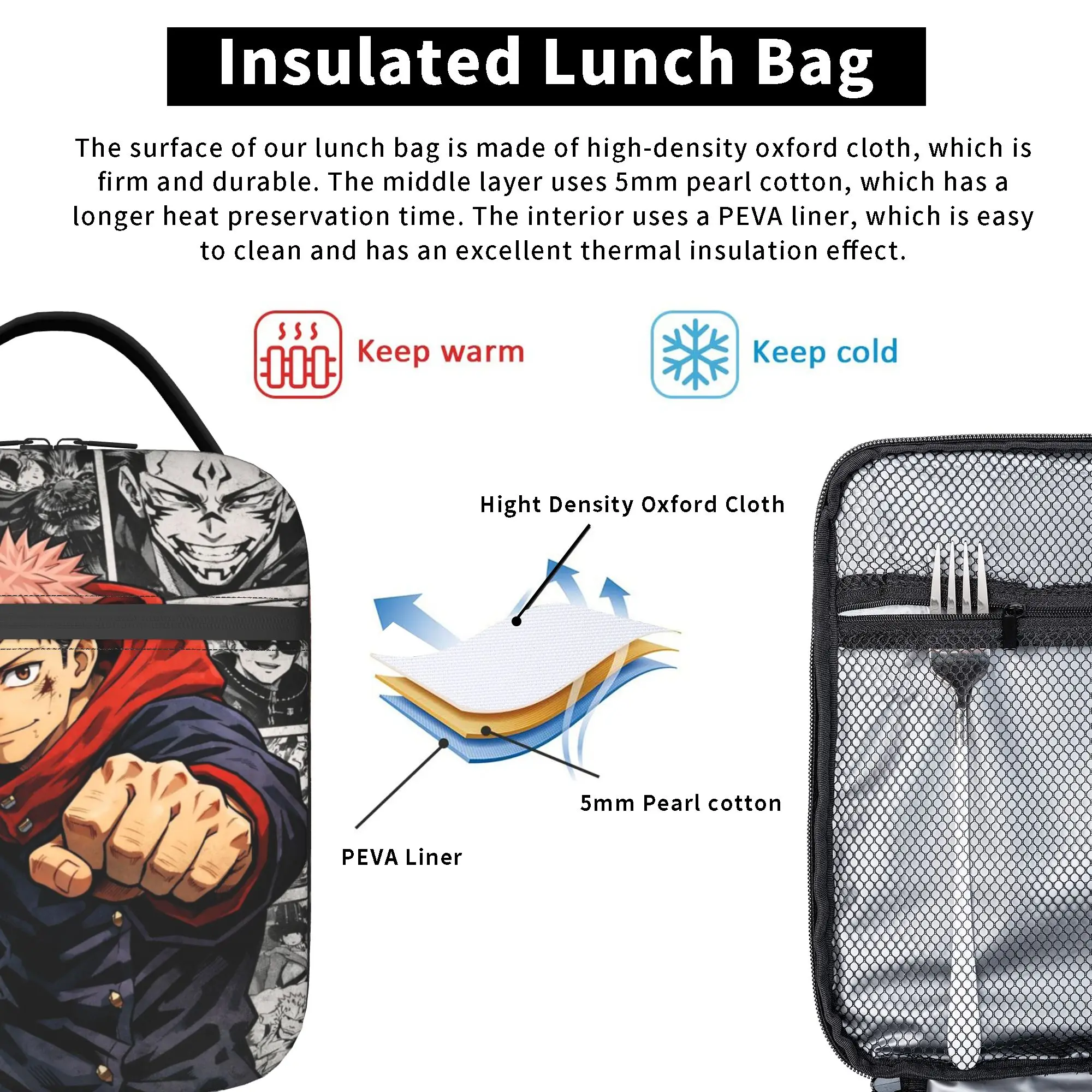 Yuji Itadori Lunch Bag J-Jujutsus K-Kaisens Lustige Lunchbox für Frauen, Outdoor-Picknick-Kühltasche, wasserdichte Tragetasche für Lebensmittel – Detail 5