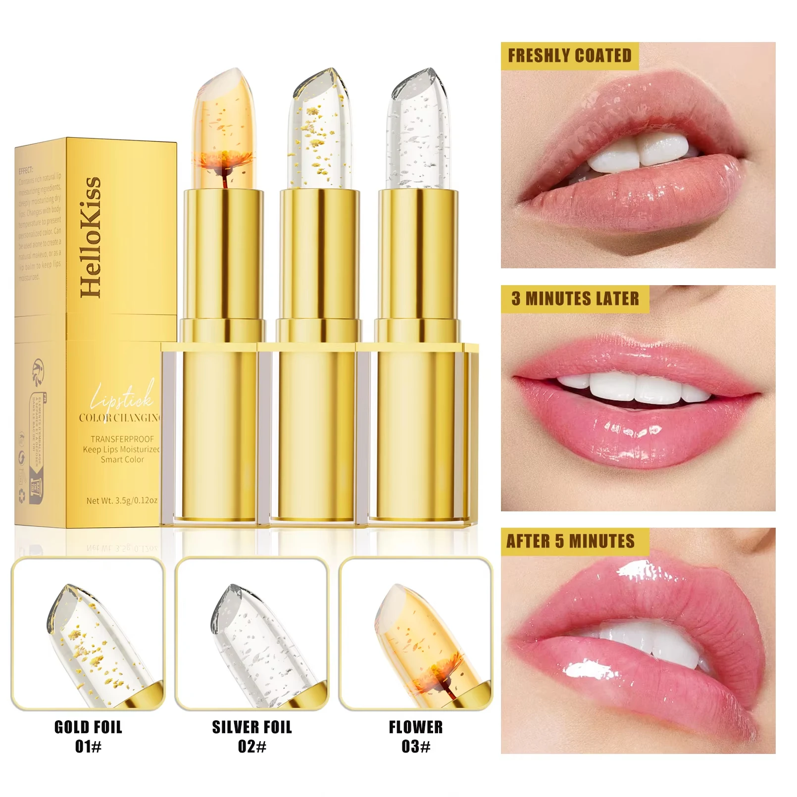 

Gold Crystal Ph Color Changing Lipstick Long Lasting 24hrs Moisturizing Glossy Shine Lip Gloss Instantly Changes Color