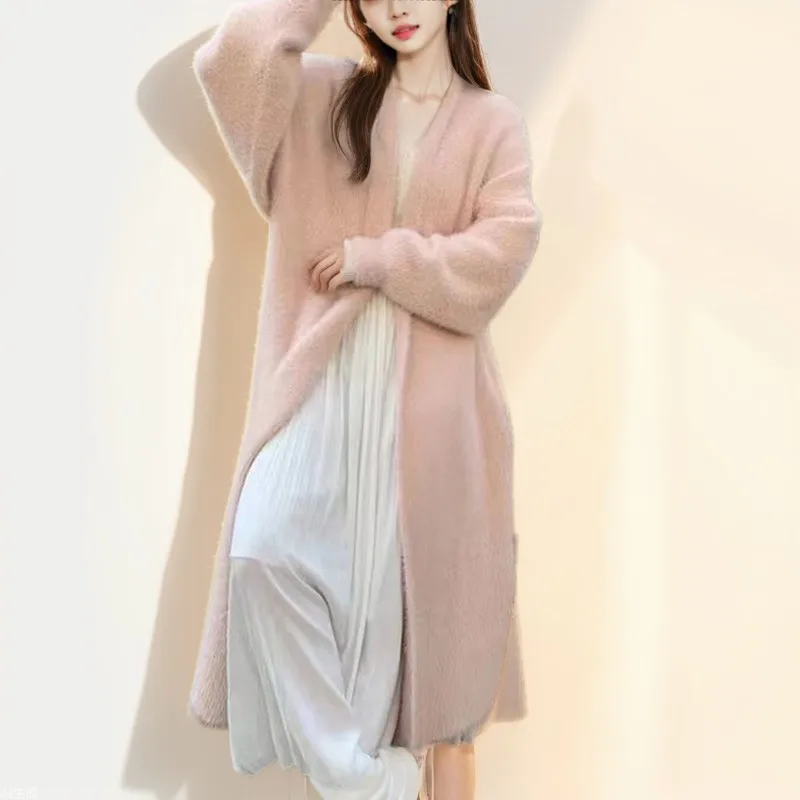 Idle Style Long below the Knee Artificial Mink Fur Sweater Female Loose Retro Solid Color Knitted Cardigan Coat