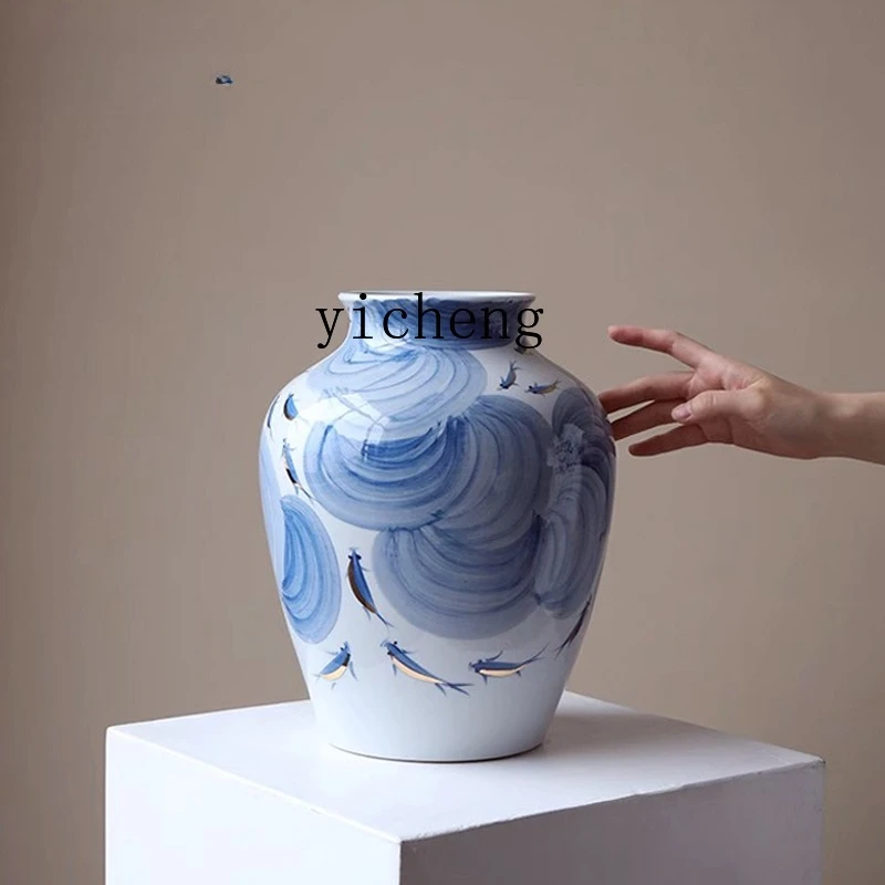 

LSL ceramic vase blue and white porcelain flower arrangement ornament living room water-raised peony pottery pot