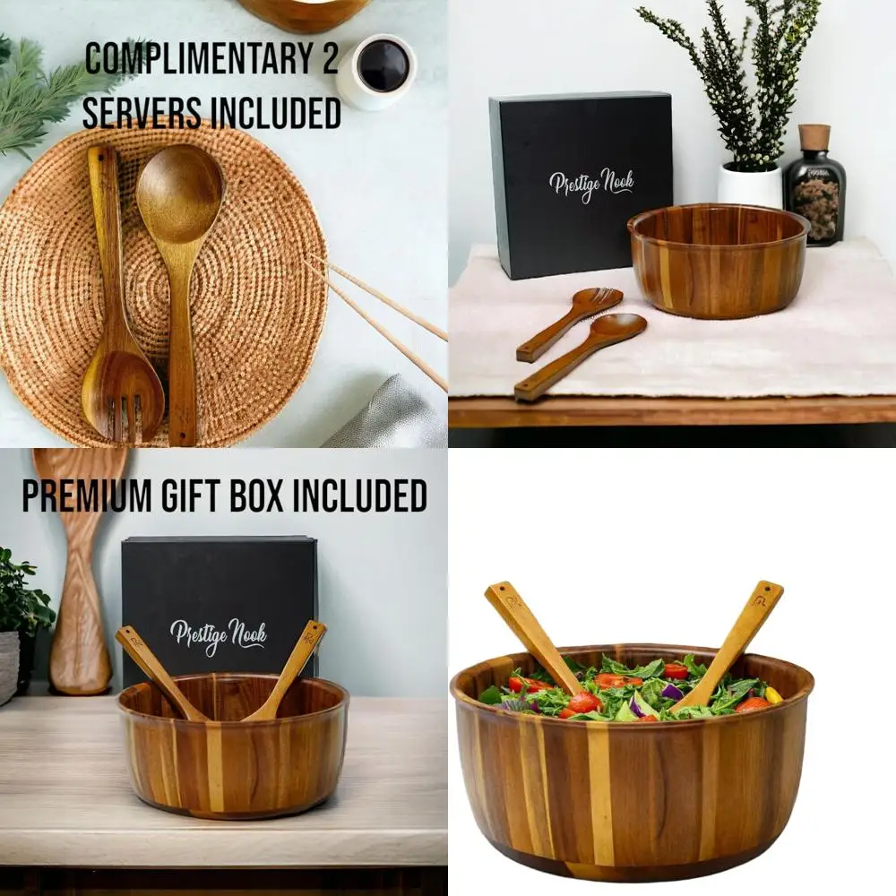 

12 x 5 Acacia Wood Salad Serving Bowl with 2 Servers, Perfect for Fruits and Housewarming or Wedding Gifts