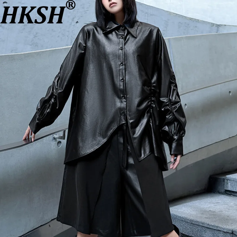 

HKSH Spring Autumn New Women's Shirt High-end PU Leather Pleated Asymmetric Fashion Versatile Streetwear Blouse Y2K Tops HK14931