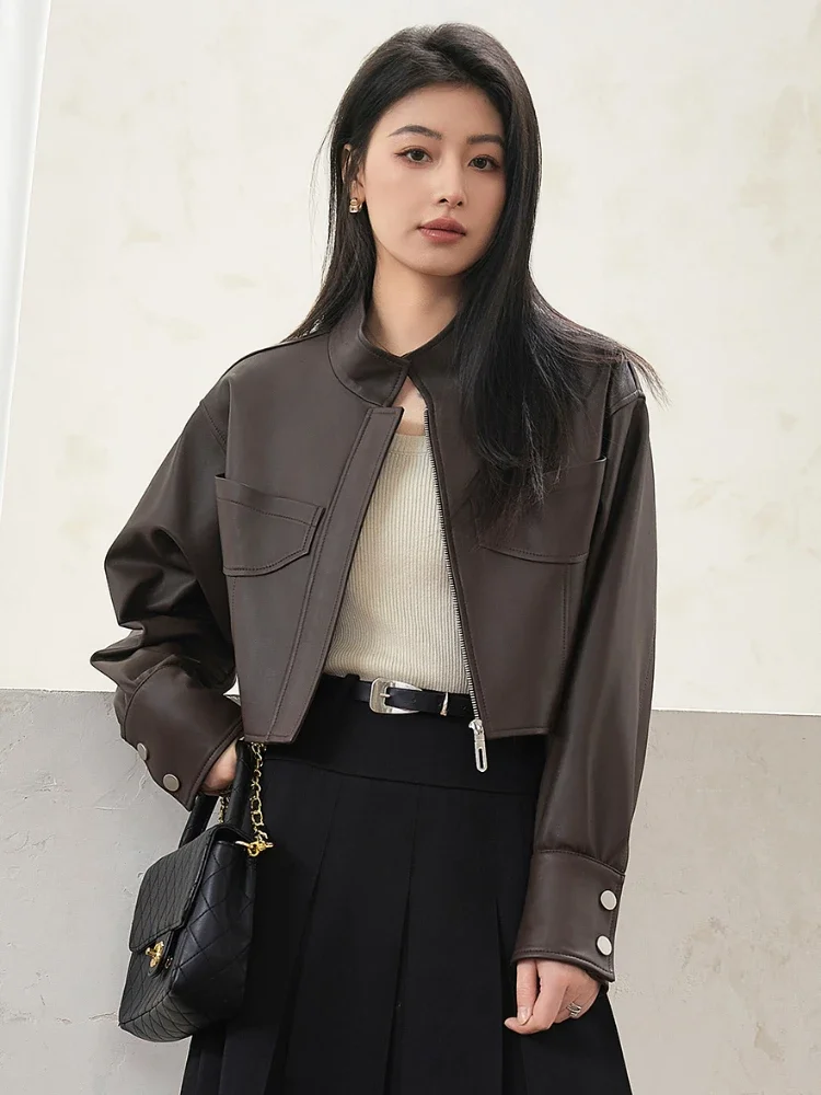 

High-waist Short Genuine Leather Jackets for Women Spring Autumn 2026 New High-end Simple Stand Collar Slim Real Sheepskin Coat