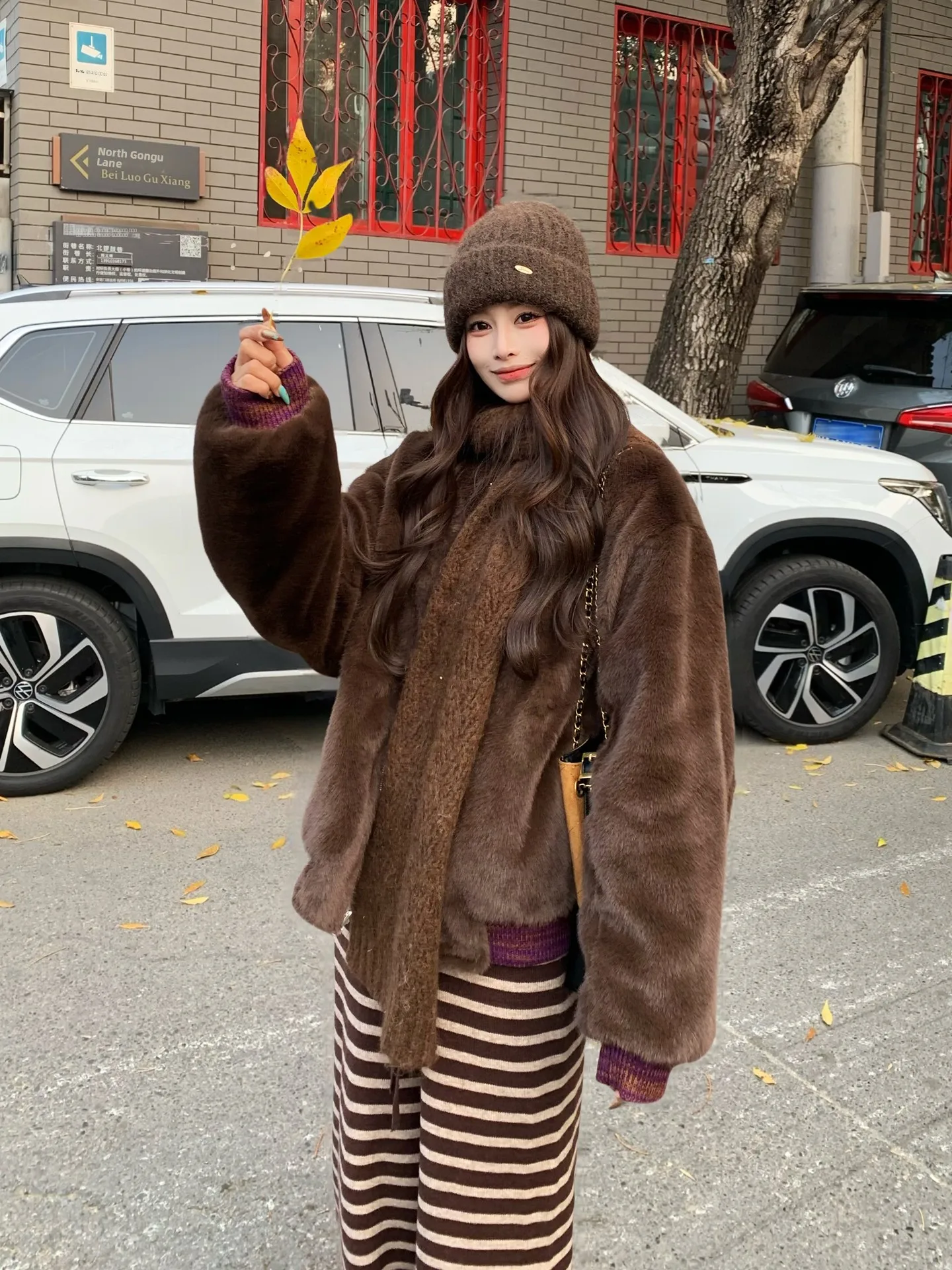 

Double-Sided Wear Thiened Women's Baseball Jaet Autumn Winter Retro Hong Sle Fluffy Outerwear er Commute Sle Loose Fit