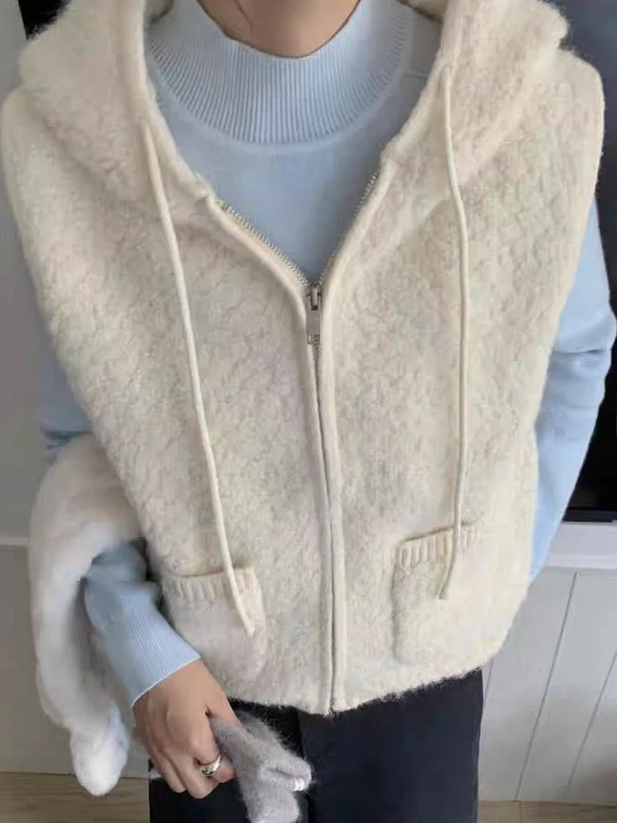 Korean Style Furry Circle Velvet Hooded Women's Vest Small Size Cute Anti-Aging Fashion Zipper Knitted Open Cardigan Vest