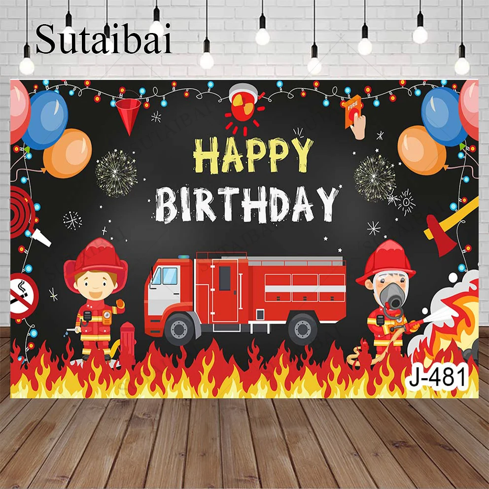 

Flame Theme Fireman Extinguish Photography Background Balloons Decorate Customed Baby Birthday Personalized Banner Poster Props