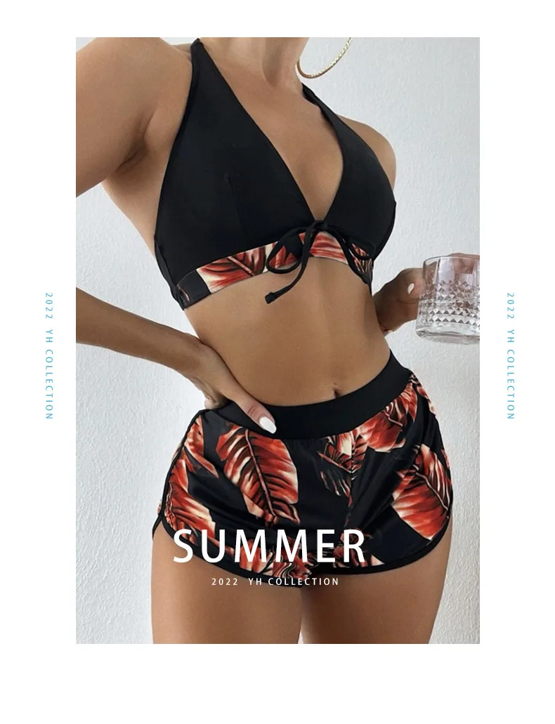 Mujeres 2025 Nuevos Bikinis 6 Colores Sexy Halter Bikini Conjunto de 3 piezas Estampado de hojas Traje de baño de talle 