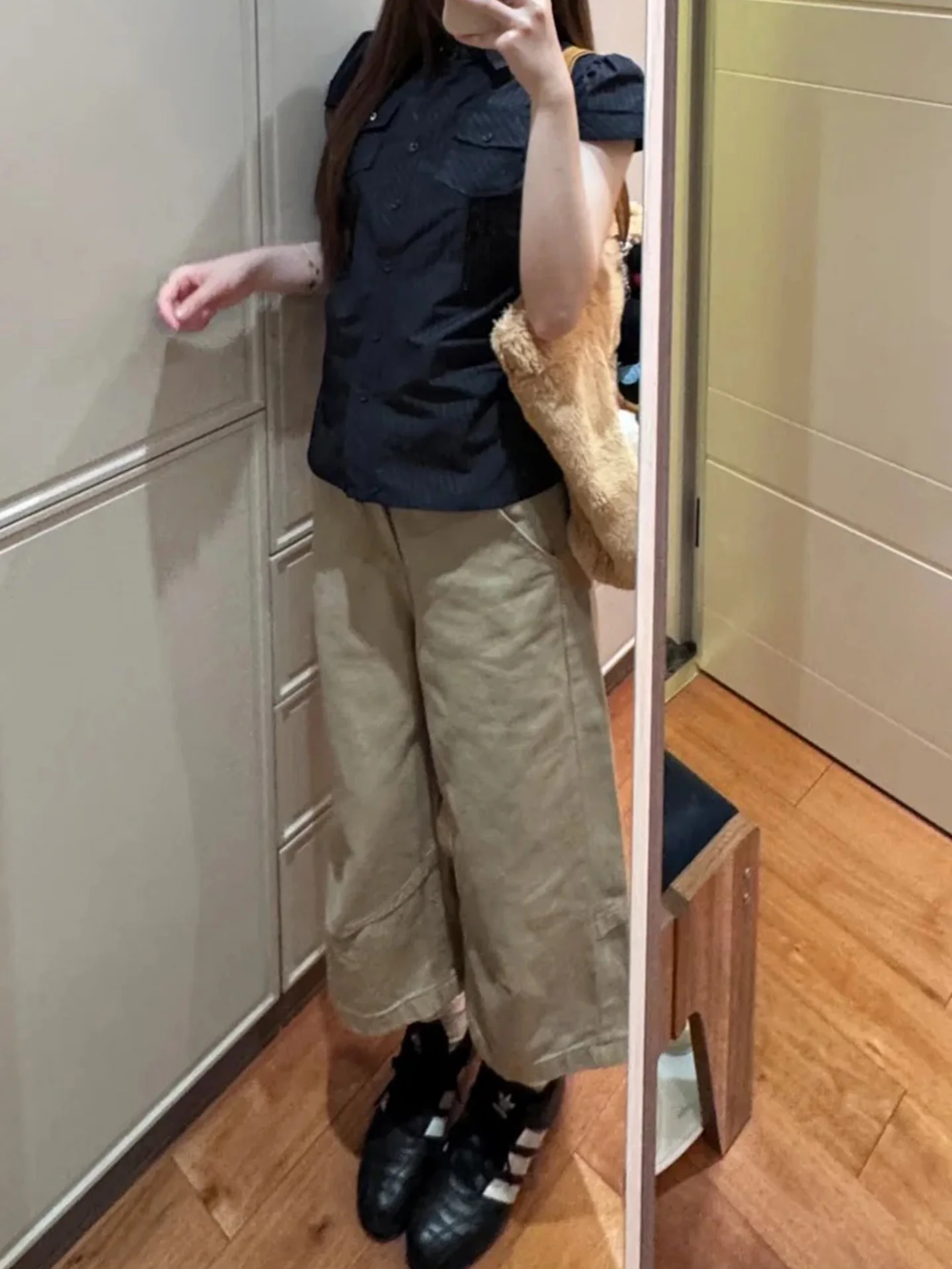 

American Style Khaki Wide Leg Jeans Women's Summer New Vintage Slim Fit Thin Seven-Foot Denim Pants Low Waist Zipper Closure